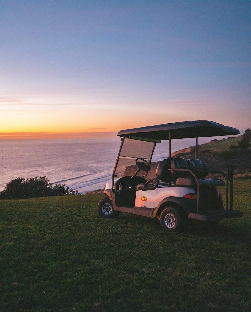 a golf cart parked on the grass near the ocean